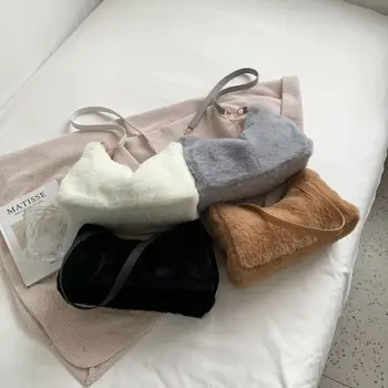 Луксозна модерна мини чанта от изкуствена кожа, дамски чанти, маркови дамски портмонета, пухкав, мек плюшен чанта за пазаруване, топли зимни прости чанти