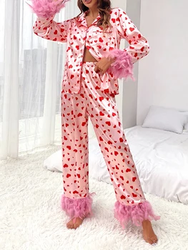 Дамски сатенени пижамные комплекти с тапицерия от пера Риза и панталони с копчета и дълъг ръкав Пижами за почивка от 2 теми