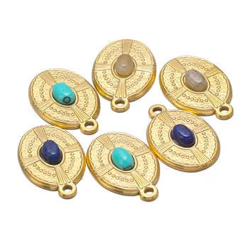 5шт Овални висулки от злато, с покритие от неръждаема стомана, Медальони от естествен камък за жени Колие За бижута
