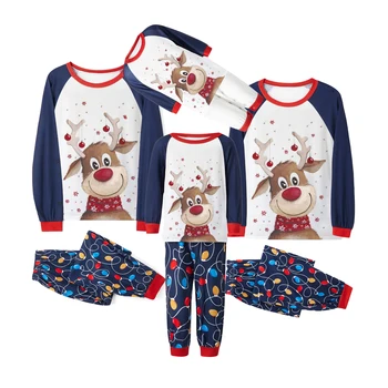 Подходящи семейни Коледни пижама с дълъг ръкав и кръгло деколте, потник с участието на лосове + Панталони с принтом светлини, Домашно облекло за сън, комплект дрехи