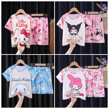 Детска пижама Hello Kitty Sanrio Kawaii Аниме Kuromi Cinnamoroll My Melody, Ежедневни Годишна Начална дрехи за момчета и момичета, костюм с къс ръкав