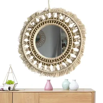 Кръгли огледала за стени от ресни Кръгли огледала за декора на стените в стил бохо за хол, спалня, детска стая в общежитието