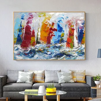 Ветроходни лодки в морето, живопис, абстрактни многоцветни лодки, стенно изкуство, печат върху платно, плакат, картина за вашия интериор, хол Cuadros