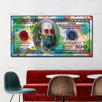 Цветна 100 Доларова банкнота Паричен Декор на стената Печат Мастило стена на изкуството Паричен плакат Бенджамин Франклин Доларова Банкнота Платно Начало Декор
