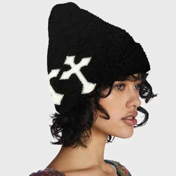 Жакард шапки с кръстосан дизайн за възрастни и тийнейджъри, дамски и мъжки ежедневни Разтеглив Ветроупорен шапки, зимни Градинска вязаная капачка за защита на ушите