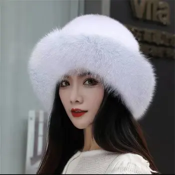 Модерен зимни Космата шапка от изкуствена кожа, барети, Топла шапка с периферия от изкуствена кожа лисица