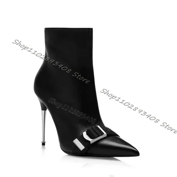 Ботильоны на черния метален ток с остър пръсти и страничен цип, обувки от изкуствена кожа в масивна токчета-висок ток, дамски обувки за партита Zapatillas Mujer