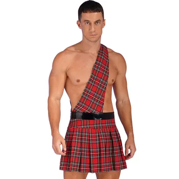 Мъжки плиссированная пола в клетката, Шотландское рокля, Празнични къси поли, костюми за тематични партита за Хелоуин, плиссированная пола на един раменна колана си.