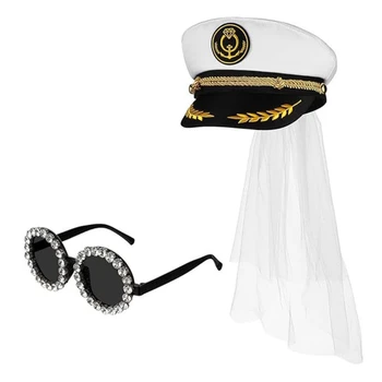 Шапка капитан с воал, дамска шапка за младоженци и слънчеви очила за сватбени партита