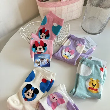 Памучни чорапи Disney с анимационни анимация Мики и Мини маус, Есенни дамски памучни чорапи до средата на прасците с Мечо Пух и Доналд Даком