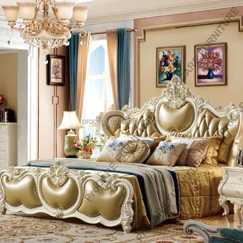 Италиански европейските спални слушалки за вили от масив, дърво, луксозни резбовани сватбена легло, мебели за спалня