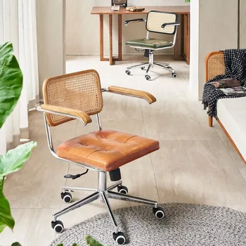 Офис стол от ратан, модерен минималистичен компютърен стол с отвличане облегалка от ратан, стол за дневна от типа 