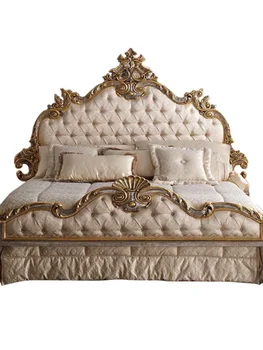 Двойно легло В Основната спалня и Сватбена Легло Оригиналната Дървени Резбовани Тъканта Мека чанта с катарама Двойно легло Европейската Резбовани легло от масивно дърво