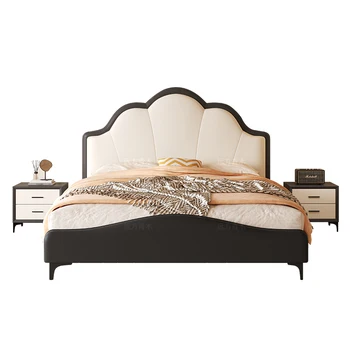 Легло от естествена кожа, Италианска легло от листа, френска минималистичная двойно легло, лесно лукс, модерна минималистичная спалня, мека чанта