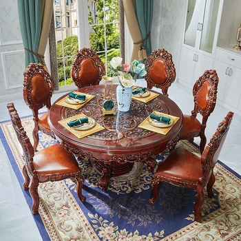 Маса за хранене от масивно дърво в европейски стил, със стъклен плот, кръгла маса, на американската луксозна домашна кръгла повърхност от дърворезба