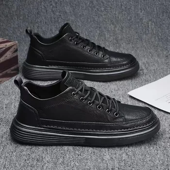 GOOHOJIO Висококачествени мъжки кожени обувки каки, които размерът, Прости черни маратонки, Дишащи обувки, Луксозни обувки