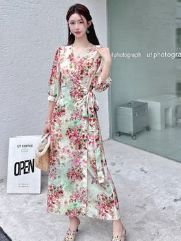 Висококачествено рокля от естествена коприна във френски стил за жени 2023, лятно ново модно рокля с принтом на колана 91680
