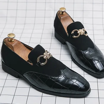Topvivi/ Мъжки тънки обувки; Модни кожени обувки с релефни изображения в стил мозайка; Мъжки лоферы с катарама във формата на подкова; Модела обувки в света на стил;