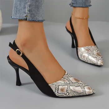 Дамски секси сандали 2024, Летните обувки на висок ток с остър пръсти, Модни сандали с отворена на гърба, Нови вечерни обувки-лодка Zapatos Mujer