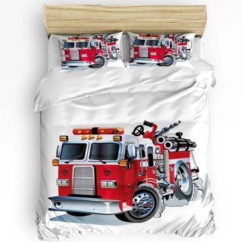 Карикатура Червена Пожарна кола Бял Комплект Постелки 3шт Чаршаф Калъфка Децата на Възрастни Чаршаф Двойно Легло Комплект за Домашен Текстил