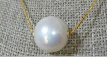 огромен 11-12 мм истински през цялата бели перли от Южното море 18 карата медальон 925 сребърна верига огърлица