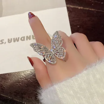 Модно отворен пръстен с микро-инкрустация във формата на пеперуди от цирконий, Преувеличени Голямо Бижу пръстен, Прости и модни аксесоари за пръстени 2023