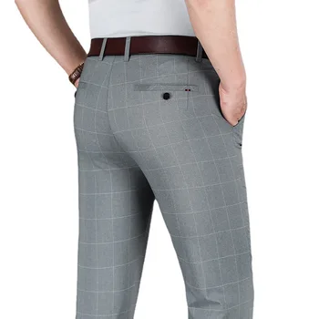 Летни тънки дишащи каре мъжки ежедневни панталони с права тръба, бизнес панталони за мъжете на средна възраст и младежи