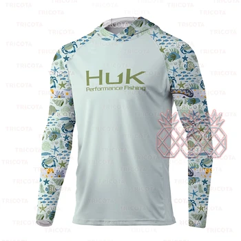 Мъжки дрехи за риболов HUK, тениски с качулка за риболов с дълъг ръкав, дишащи върхове с защита от uv, летни дрехи с качулка за риболов Upf 50 +