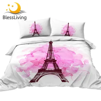 Розов комплект спално бельо BlessLiving Romantic French Tower Пухени Butterfly Bed Set King Акварельное луксозно покривало за легло Подарък за Свети Валентин