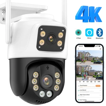 Градинска PTZ камера с IP камера за 4K 8MP HD WiFi с двоен екран, автоматично проследяване, Безжична защита за сигурност, видео-наблюдение iCSee