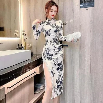 Женското Сексуално клуб, дебнещ дантелено рокля в китайски стил с класически принтом Ципао, Традиционен Чонсам с дълъг ръкав