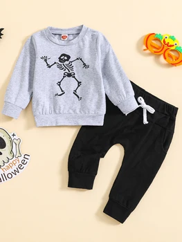 ZZLBUF Дрешки за малки момичета и момчета на Хелоуин с принтом прилеп-призрак, hoody с дълъг ръкав, пуловер, Гамаши, Есенен комплект