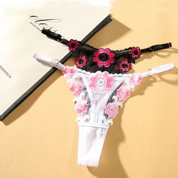 Безшевни бикини с цветна бродерия от прозрачна мрежа, танга, женски мини-бикини с регулируема каишка, прашки Y2k Underwear